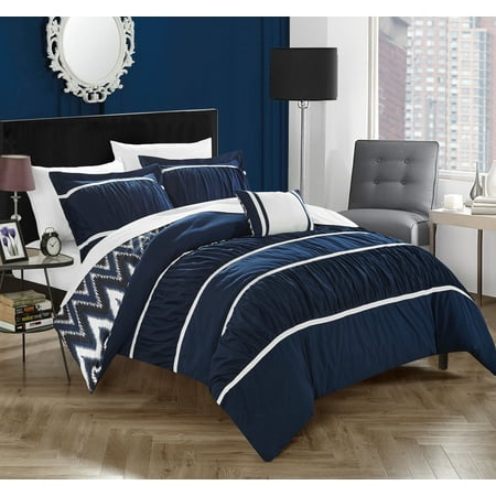 Grey King Comforter Chic Home 8-Piece Brooks Pleated & Ruffled with Chevron REVERSIBLE Backing King Bed In a Bag Comforter Set Navy With sheet set ()