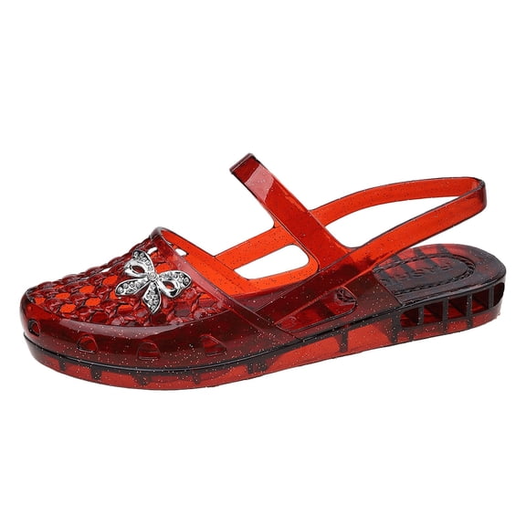 Women's Transparent Mary Jane Jelly Shoes With 3D Dutterfly, Rhinestone Buckle Retro Glitter Hollow Grid Breathable Flat Sandals