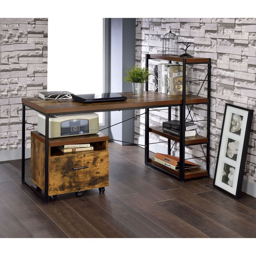 Tcbosik Wooden File Cabinet with Wheels, Industrial Movable Office Storage Cabinet with 2 Drawers, Brown
