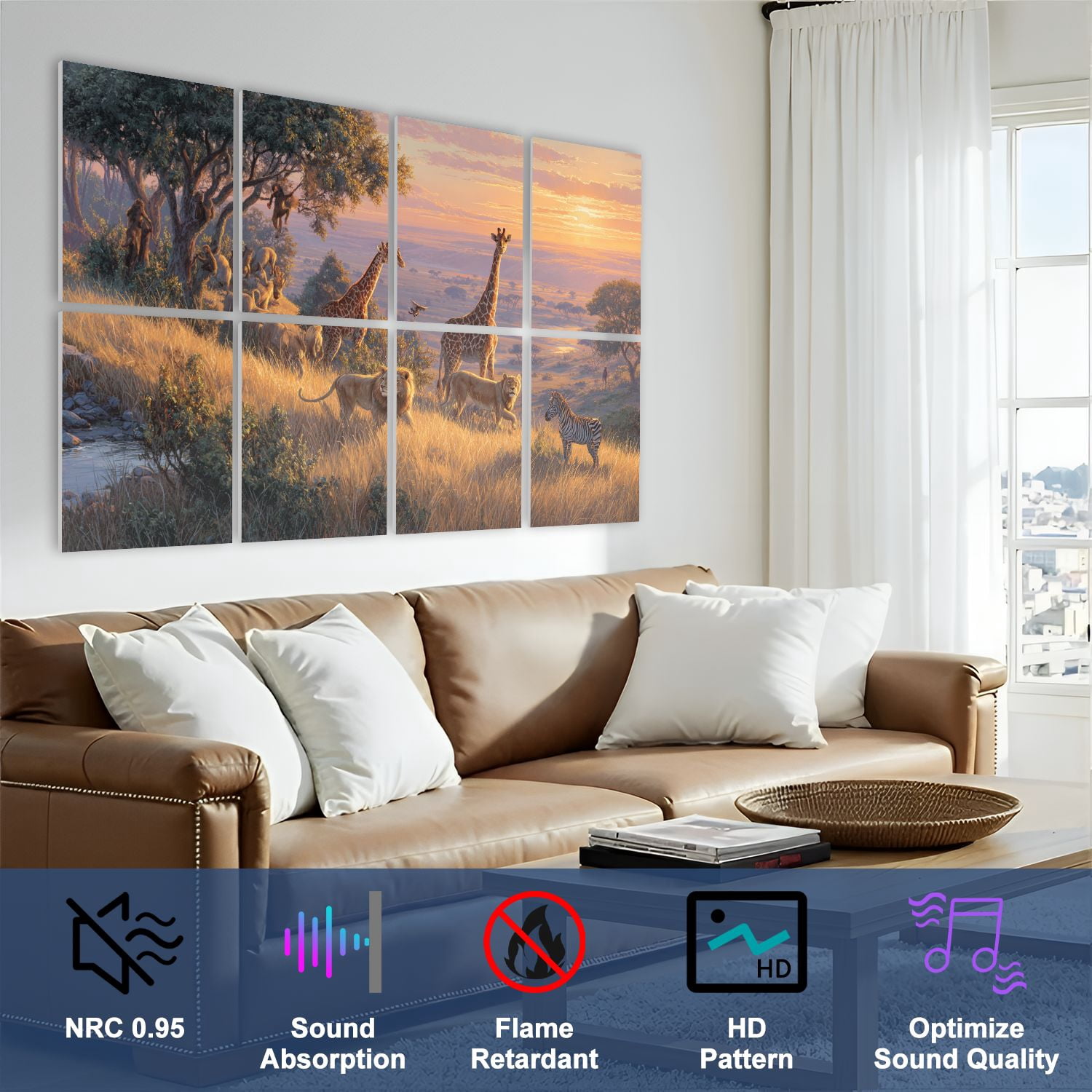 8 Pack Art Acoustic Panels Sound Absorbing Savanna Wildlife Golden Hour Lions Giraffes Decorative Soundproof Wall Panels Self Adhesive for Nursery Game Room Bedroom 48"x32"