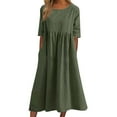 thumbnail image 2 of IDALL Summer Dresses,Petite Dresses Women's Fashionable Loose Cotton And Linen Round Neck Half Sleeved Midi Dress Linen Dress,Modest Dresses,Womens Dresses Green Dress XL, 2 of 6