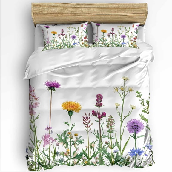 Spring Flowers Twin Size Comforter Set, Colorful Wildflowers Plants Soft Bedding for All Seasons, 4 Pcs Bed Set with 1 Comforter (68"x86") ,1Sheet(66"x116"), 2 Pillowcases (19"x29")