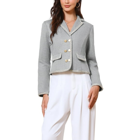 INSPIRE CHIC Dressy Casual Tweed Jacket for Women's Elegant Double Breasted Long Sleeve Crop Blazer L Gray
