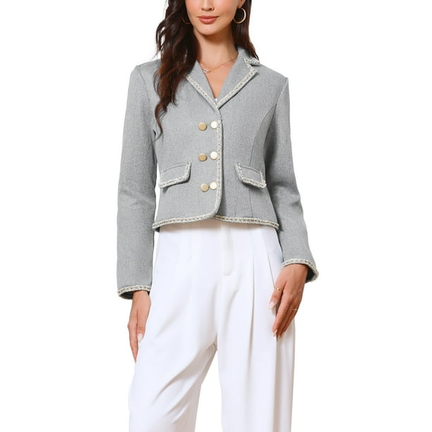 Chaqueta de tweed casual elegante para mujer, blazer corto de manga larga de doble botonadura, XS gris