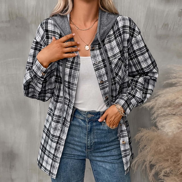 TIMIFIS Veste à Capuche à Carreaux pour Femmes Automne Décontractée Manches Longues Cardigan Boutonné Manteaux
