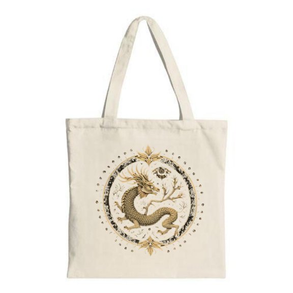 Elegant Cream Tote Bag with Golden Dragon Design Intricate Floral Patterns Perfect for Shopping Travel and Parties