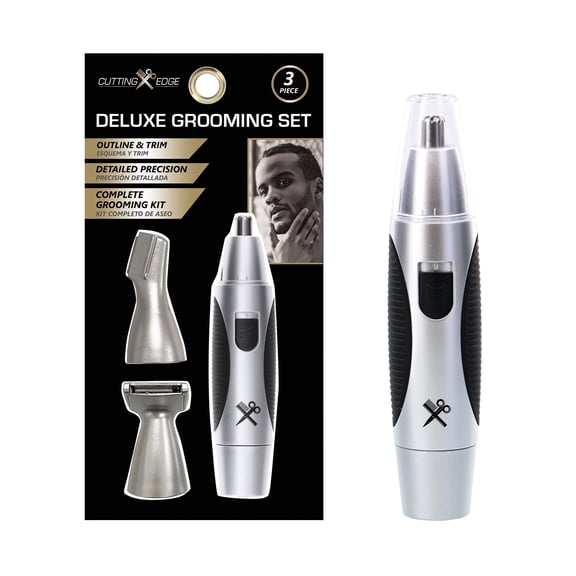 Cutting Edge Nose and Ear Trimmer, Men’s Deluxe 3-Piece Grooming Set with Detail Trimmer and Shaver Attachment, Battery Powered, Silver/Black