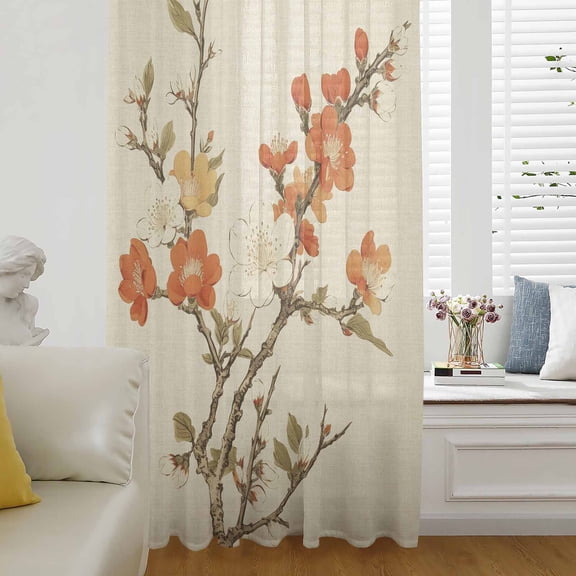 Vintage Botanical Semi Sheer Curtains Drapes for Living Room,Bedroom,French Doors Window 96 Inches Long,Red Spring Floral Botanical Farmhouse Rod Pocket Chiffon Curtain Drapery Voile Draperies Panel
