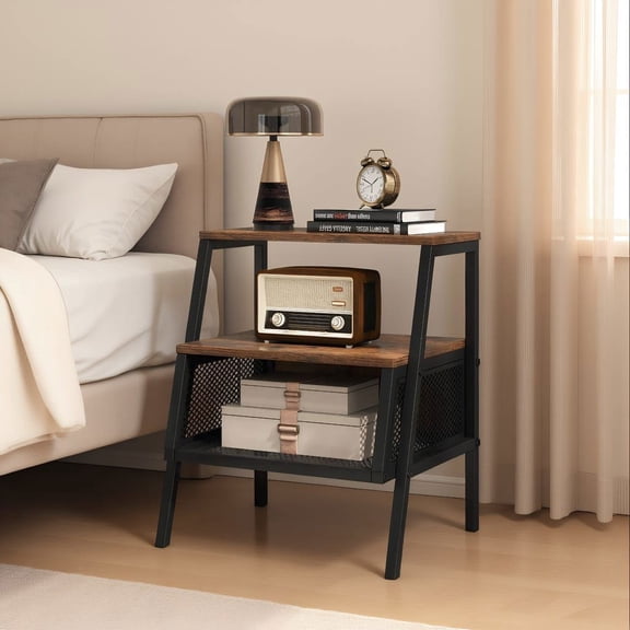 Resenkos Industrial Nightstand 3-Tier End Table, 2 Open Shelf Metal Mesh Compartment for Bedroom, Living Room, Rustic Brown