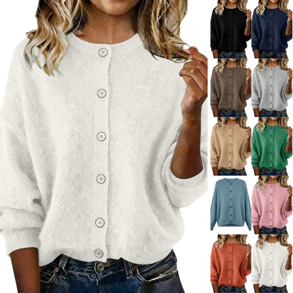 Husipze Womens Crew Neck Knit Cardigan Sweater Open Front Button Down Long Sleeve Loose Ribbed Fit Casual Tops White S
