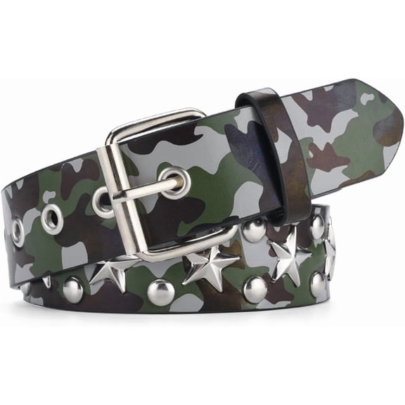 Star Studded Rivet Camouflage Belt, Y2K Punk Hip Hop Faux Leather Grommet Belt for Men and Women, Black, 43.3x0.98 Inch-green-