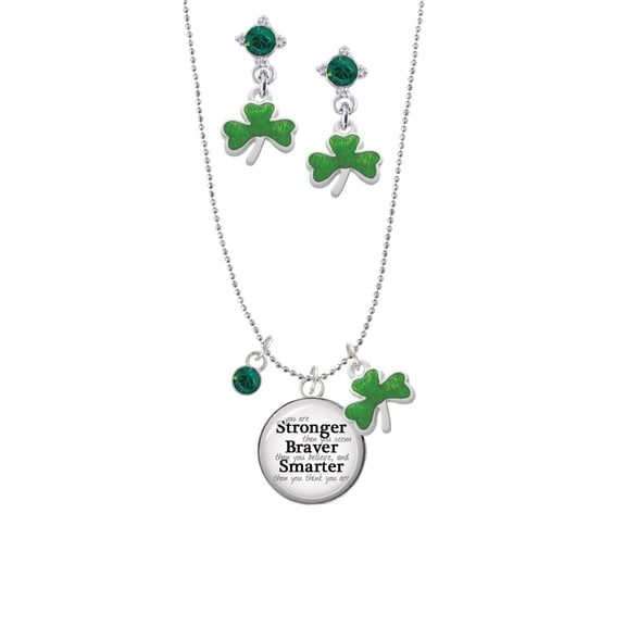 Delight Jewelry Silvertone Domed Stronger Braver Smarter Green Shamrock Necklace and Clover Earrings Jewelry Set