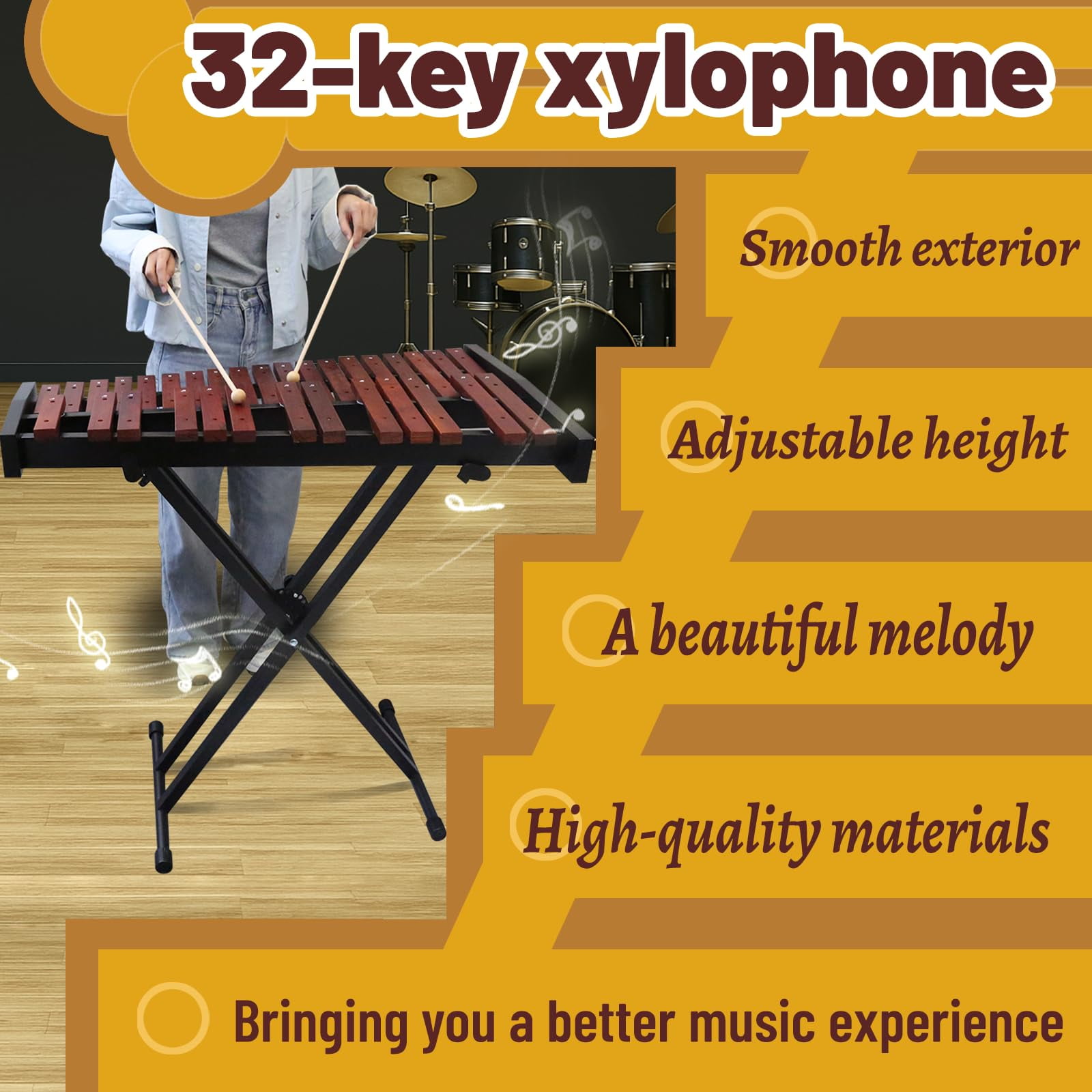 Marimba, 32 Key Wooden Adult Xylophone with Mallets and Adjustable Stand Professional Marimba for Beginners and Students Professional (Wooden)