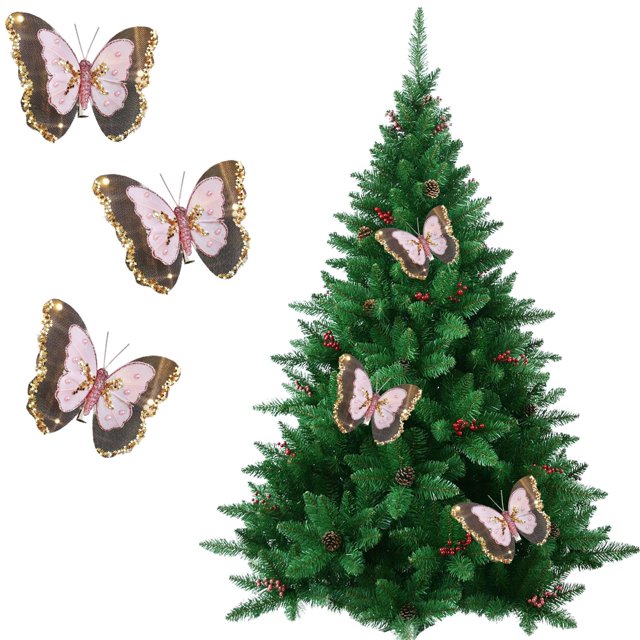 pack de 3 adornos navideños de mariposas para árbol rosa | tres mariposas colgantes de malla brillante hechas a mano en plástico (20 x 13,3 cm) con alas rosa y borde marrón rematado en dorado, cuerpo con lentejuelas y gancho de alambre; colocadas en un árbol de Navidad verde como ejemplo DIY; también aptas para guirnaldas o centros de mesa.