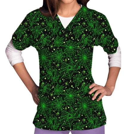 

DTBPRQ Halloween Scrub Tops for Women Two Pocket Sporty Quick-Dry Stretch V-Neck Halloween Bat Spider Workwear Anti-Wrinkle Medical Scrubs for Women