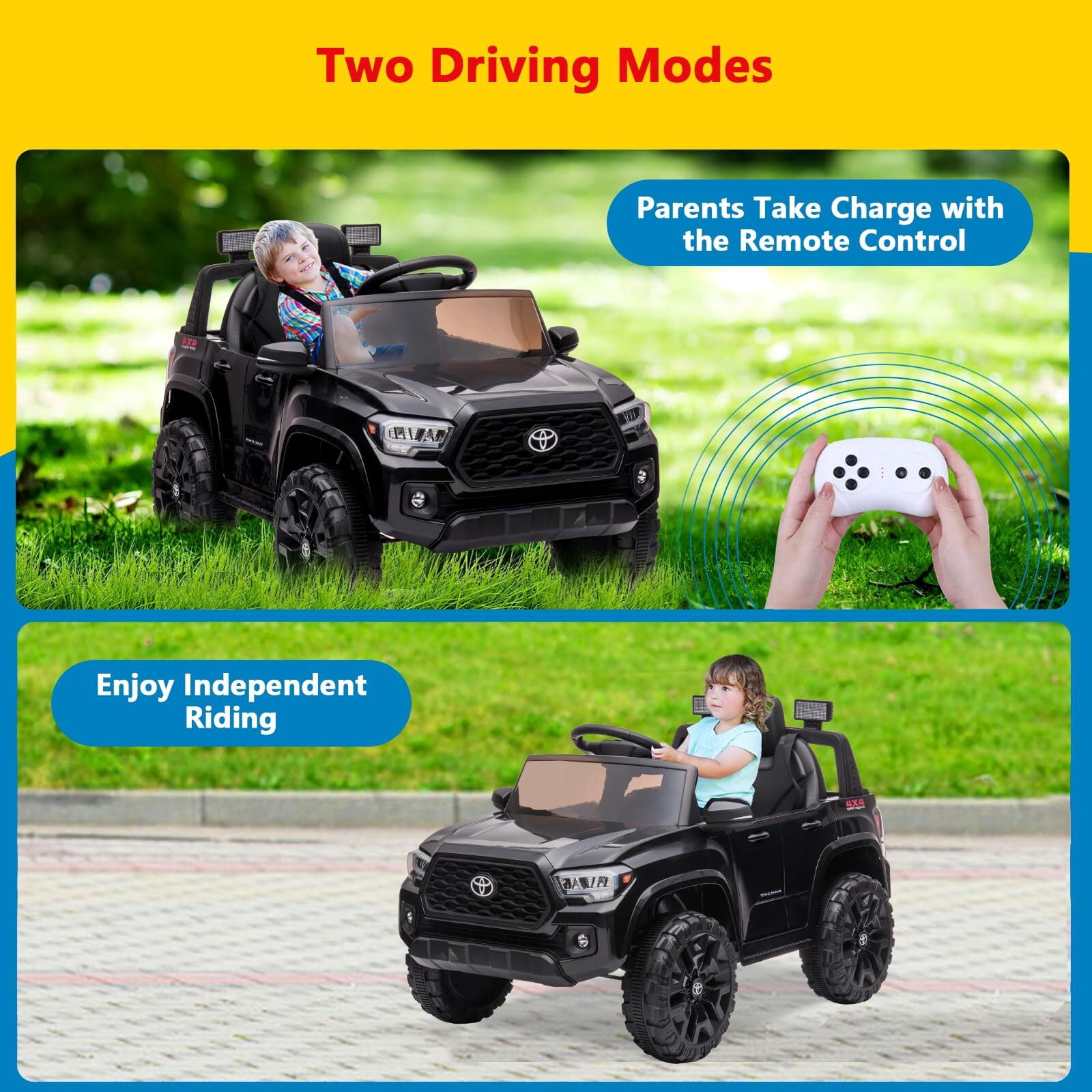 Sakiyr Licensed Toyota Tacoma 12V Kids Ride-On Car with Parent Remote Control | Spring Suspension | Safety Belt | Soft Start | LED Headlights | for 37-72Months
