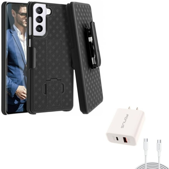 Case Belt Clip w 36W PD Home Charger for Samsung Galaxy S21 Plus - Holster Swivel Cover, Fast Type-C 6ft Long Cable USB-C
