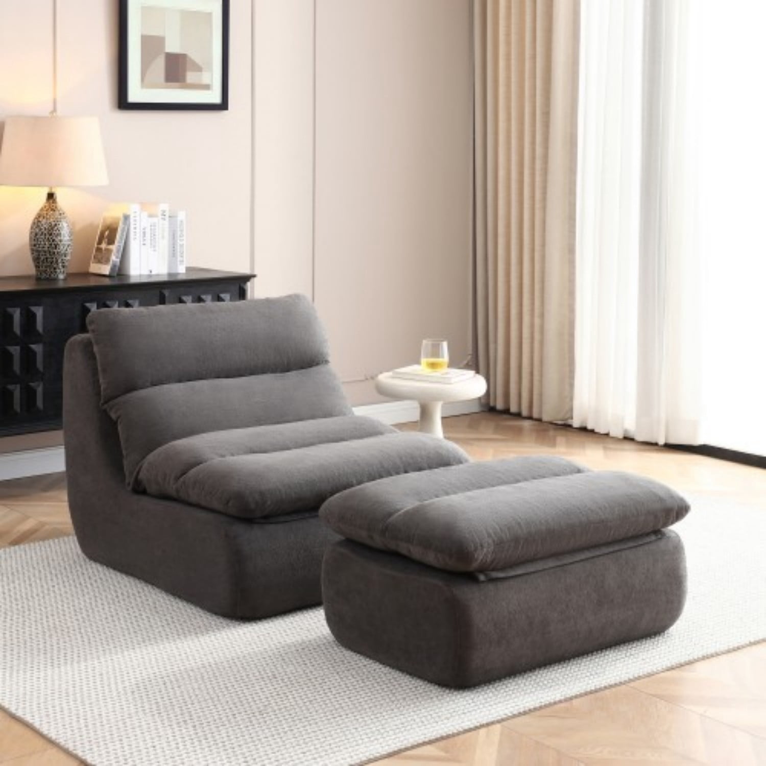 32" Bean Bag Chair with Ottoman, Tufted Upholstered Chaise Lounge Chair for Adults, High Density Foam Lazy Sofa with Footrest for Living Room, Bedroom, Gaming Room & Dorm, Grey