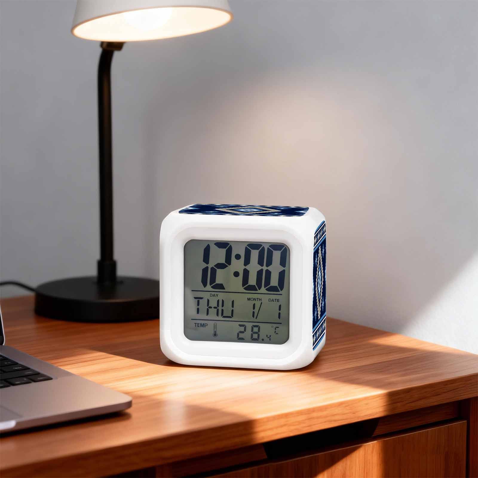 Alarm Clocks Blue Tribal Geometric Digital Clock 7 Color LED Night Light Silent Non-Ticking Battery Operated Boho Vintage Native Abstract Cube Clocks for Bedroom Bedside Living Room Office School