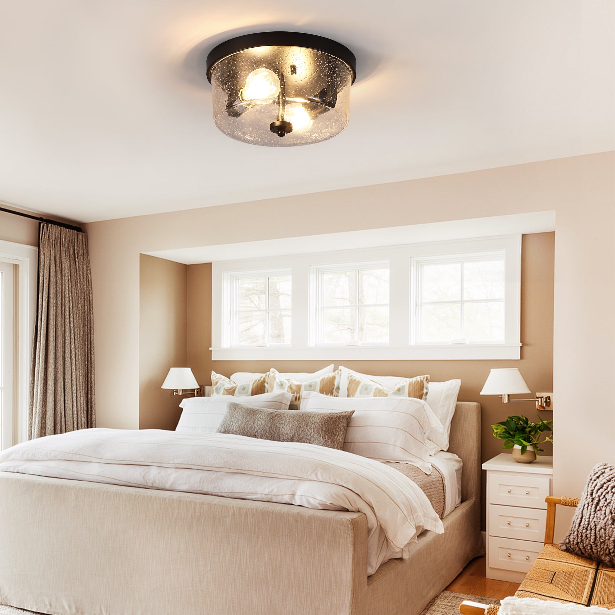 GCGAFUL Modern Black Flush Mount Ceiling Light, Farmhouse Iron Light Fixture with Seeded Glass, for Hallway Kitchen Bedroom