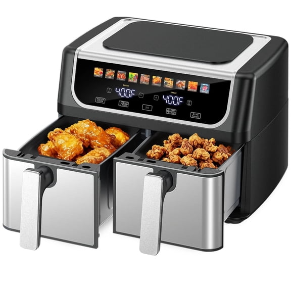 Plum Chef 9QT Dual Basket Air Fryer Oven, 2 Independent Nonstick Baskets with Sync Finish, Digital Touch Screen, 450°F, Shake Reminder, Auto Shutoff, Black