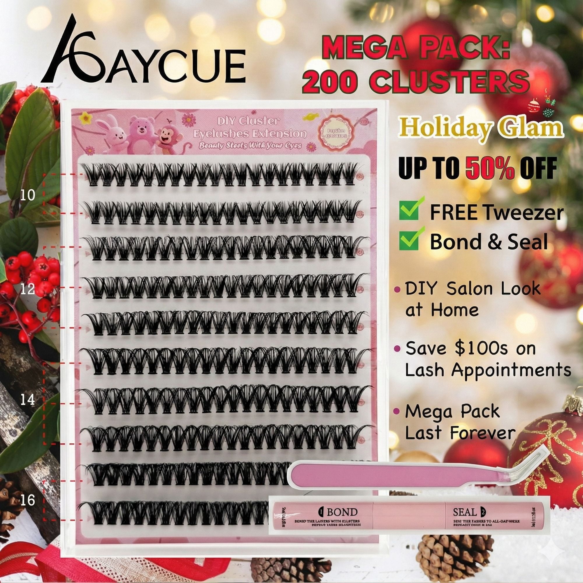 AYCUE Holiday Glam Christmas Special Edition High-Quality Eyelash Suit Subtle Natural Soft Finish Clean Band DIY Fluffy Lash Extension for Festive Looks