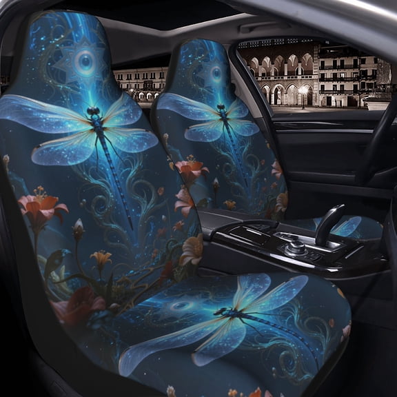 Blue Dragonfly with Glowing Wings Car Seat Covers Set of 2 for Women and Men, Universal Fit Bucket Seat Protectors for Cars, SUVs, Sedans and Trucks, Soft Breathable Polyester, Front Seats Only