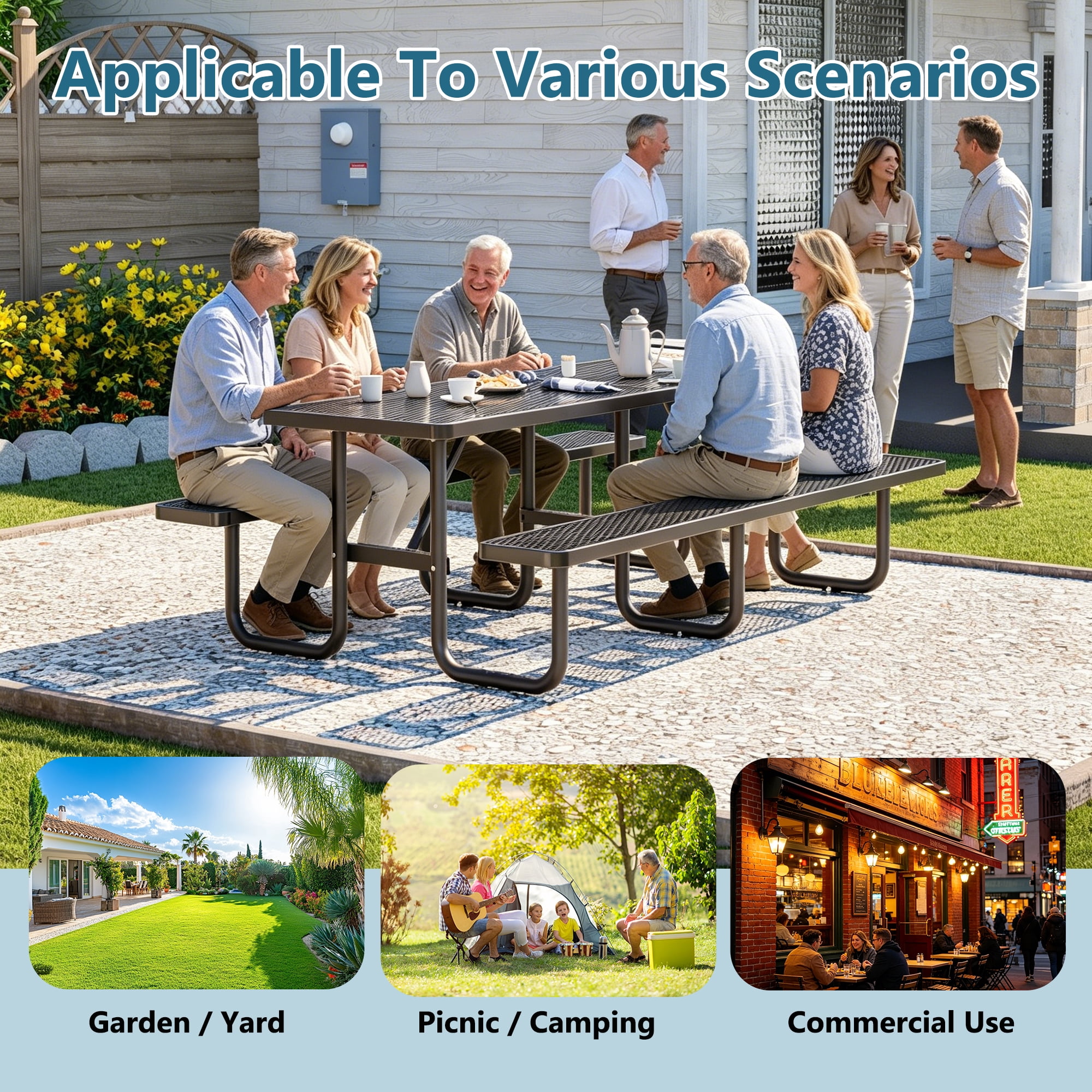 Outdoor Picnic Table Bench Set for 10-Person,All Weather Metal Patio Dining Furniture with Umbrella Hole & 2 Benches for Backyard,Picnic,Camping,Black