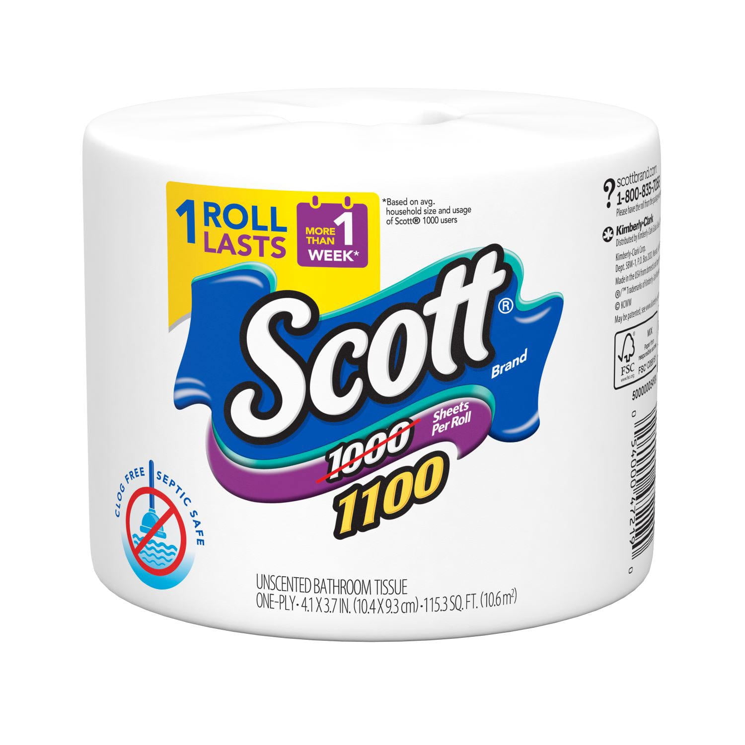 Scott 1100 Unscented Bath Tissue, 1-ply (36 Rolls = 1100 Sheets Per Roll) - Individually Wrapped Toilet Paper - 1