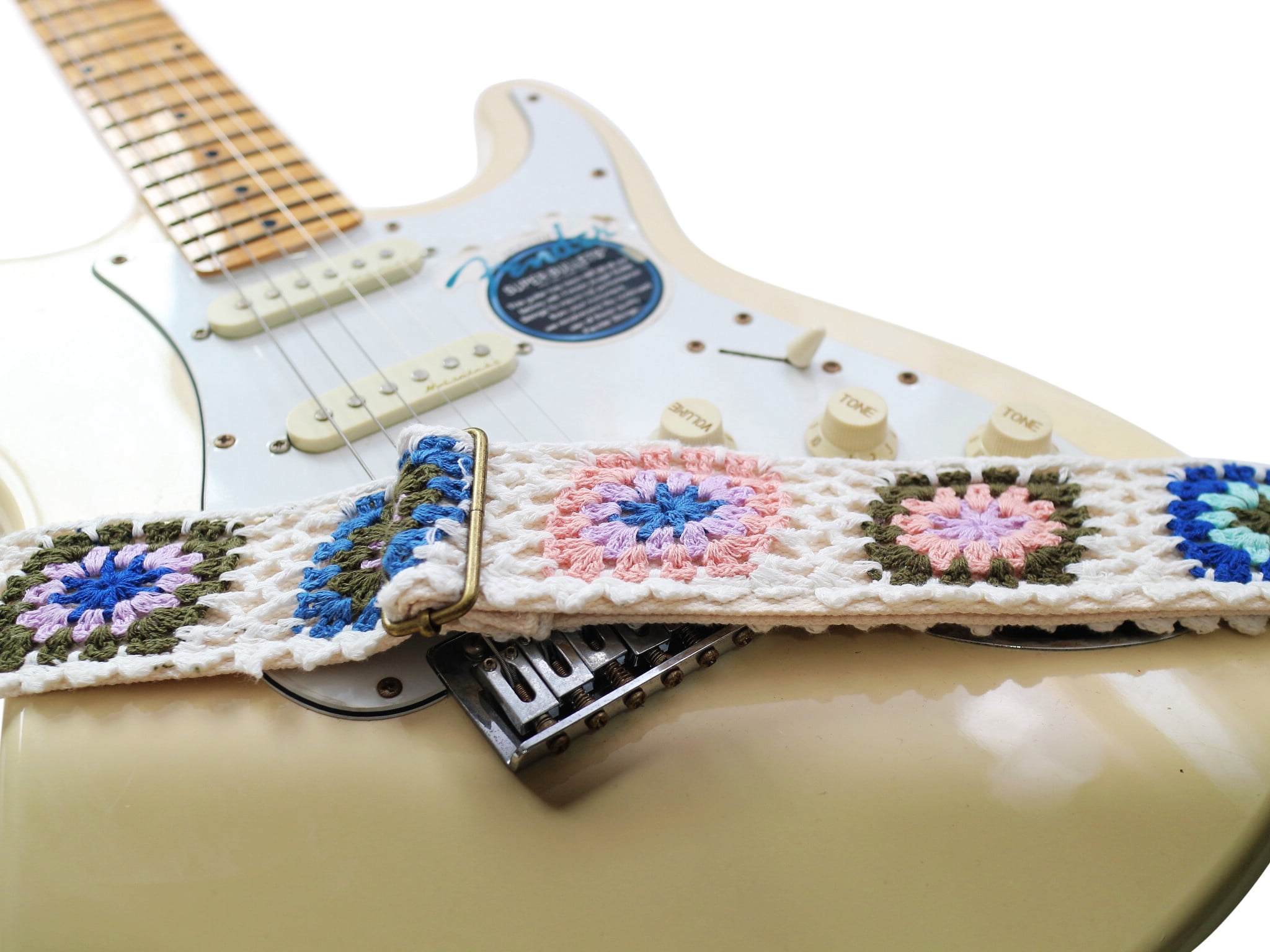 MUSIC FIRST Original Design, 2 inch width (5cm), Vintage Style Hand Made Crochet "Colorful Flowers" Electric Guitar Strap