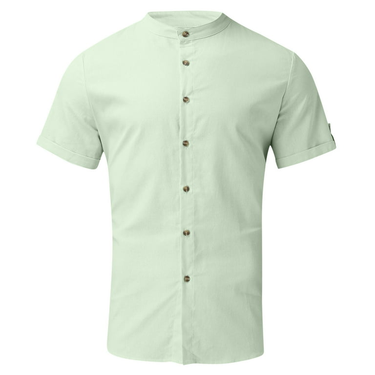 ZMHEGW Mens Shirts Summer Loose Fit Male Cotton Linen Solid Plus Size Loose  Stand Collar Short Sleeve Hawaiian Shirt
