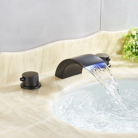 Matte Black Widespread Led Bathroom Faucet 8 In Basin 3 Hole Waterfall Vanity Sink Mixer Tap