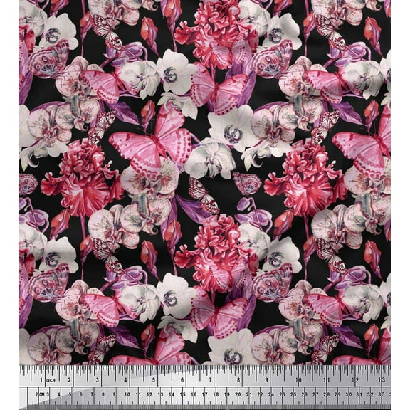 Soimoi Cotton Duck Fabric Butterfly & Orchids Floral Decor Fabric Printed Yard 42 Inch Wide