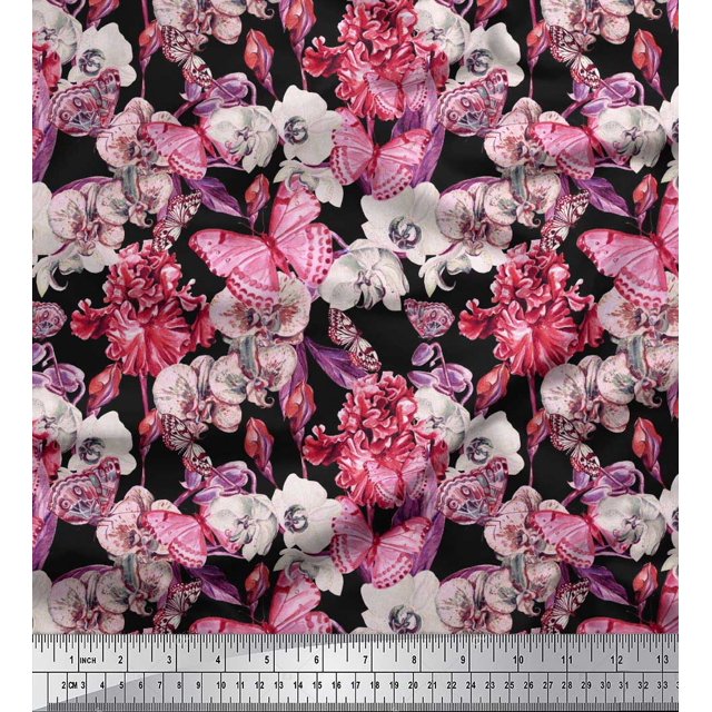 Soimoi Polyester Crepe Fabric Butterfly & Orchids Floral Fabric Prints by Yard 52 Inch Wide