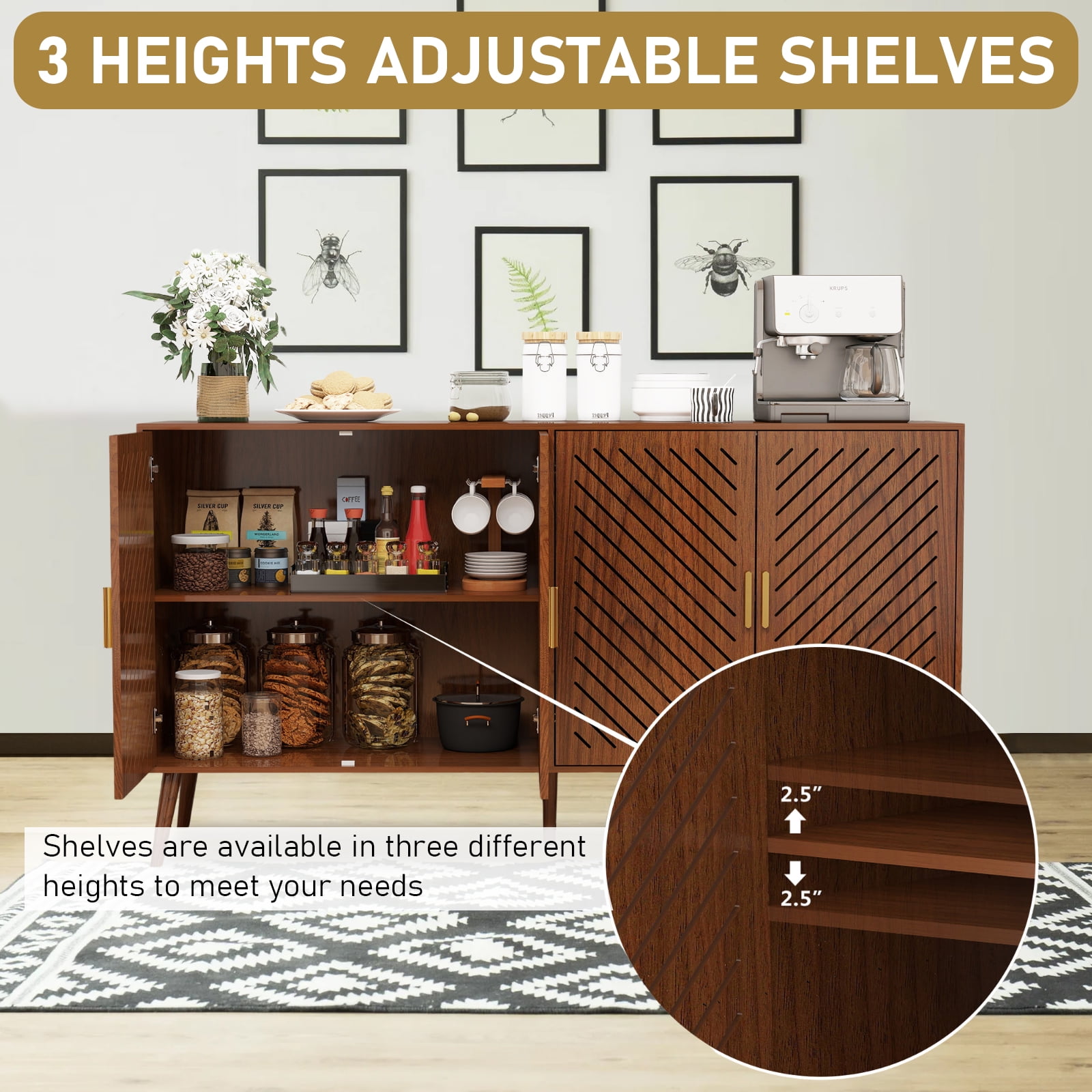 Yeulluey Storage Cabinet with 4 Doors, Kitchen Buffet Sideboard Cabinet,Wood Storage Organizer for Kitchen, Living Room, Dining Room, Brown