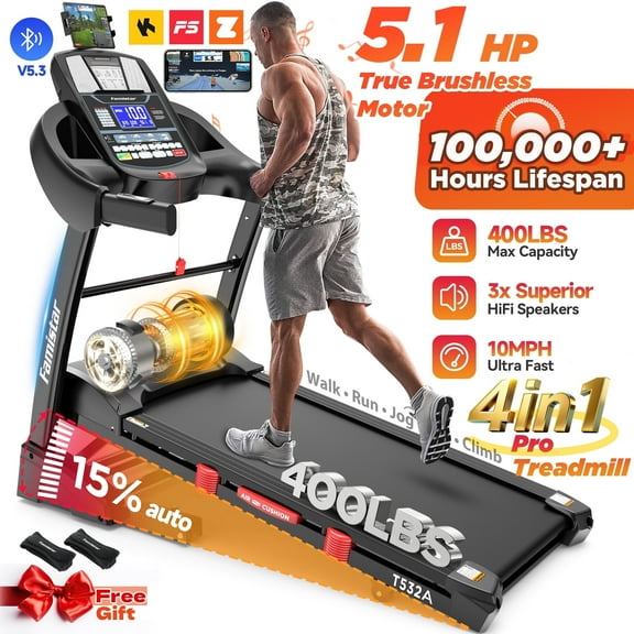 Famistar 5.1HP Folding Treadmill for Home with 15% Auto Incline, 300-400 LB Capacity, Portable Foldable Treadmill, FREE APP Control, Adjustable iPad Holder, 10MPH Speed, 71 Programs, Knee Strap Gift