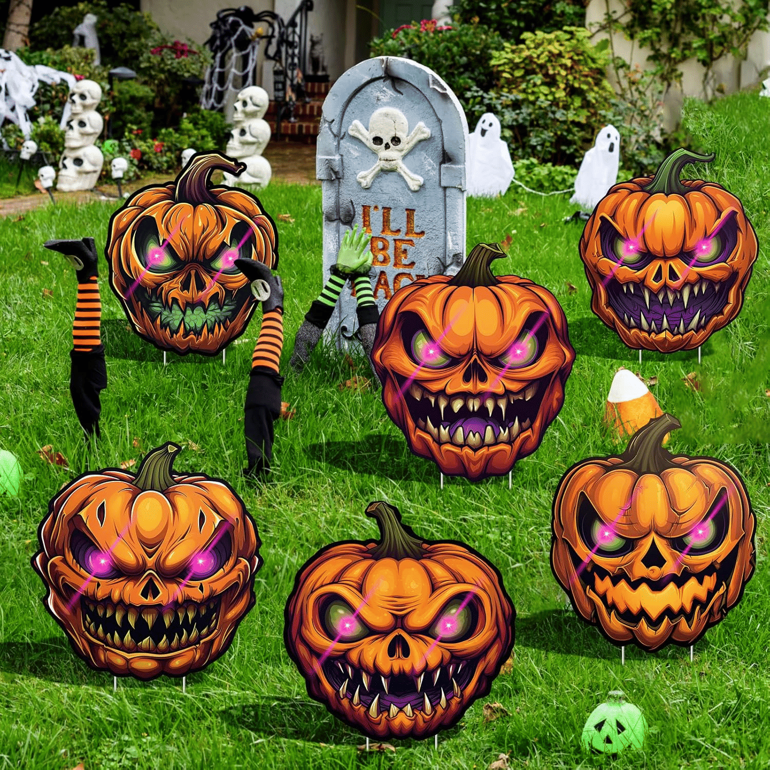 6 Pack Glow-in-the-Dark Pumpkin Yard Signs for Outdoor Halloween Lawn Decor