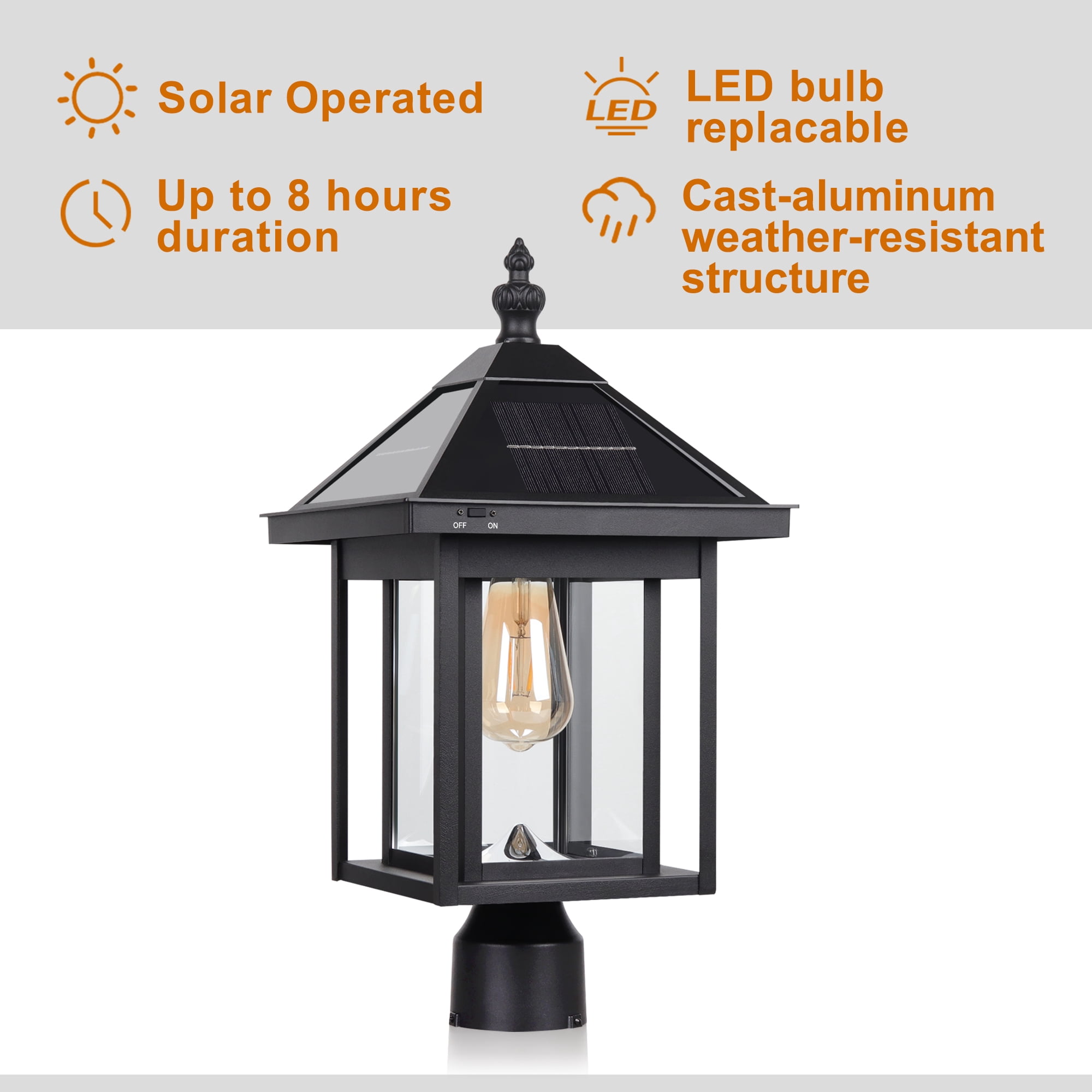 KMC LIGHTING ST4343Q-B Solar Post Lights Outdoor Die-cast Aluminum LED Solar Lamp Post Light Waterproof LED Pillar Lights with Real Glass for Patio Yard Driveway Garden Porch