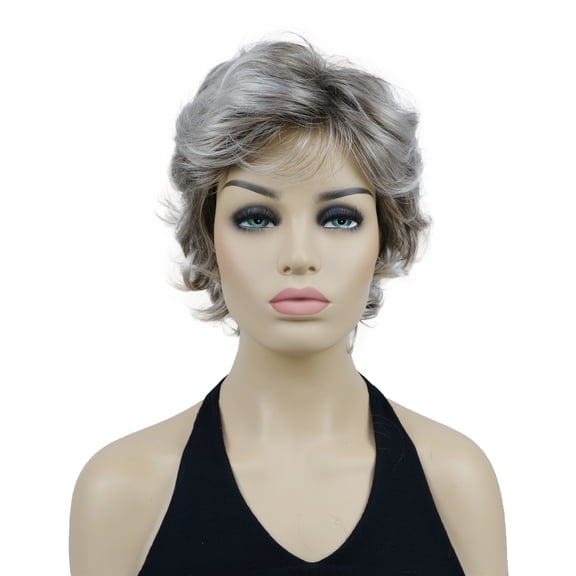 Women's Short Curly Wavy Wig Synthetic Hair Full Wig for Daily Use, 6 inches, Light Gray with Dark Root