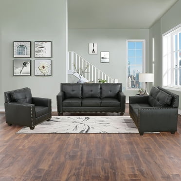 Aukfa 3-Piece Module Sofa Set for Living Room, 3-Seater Deep Seat Couch, Loveseat, Armchair, Leather, Black