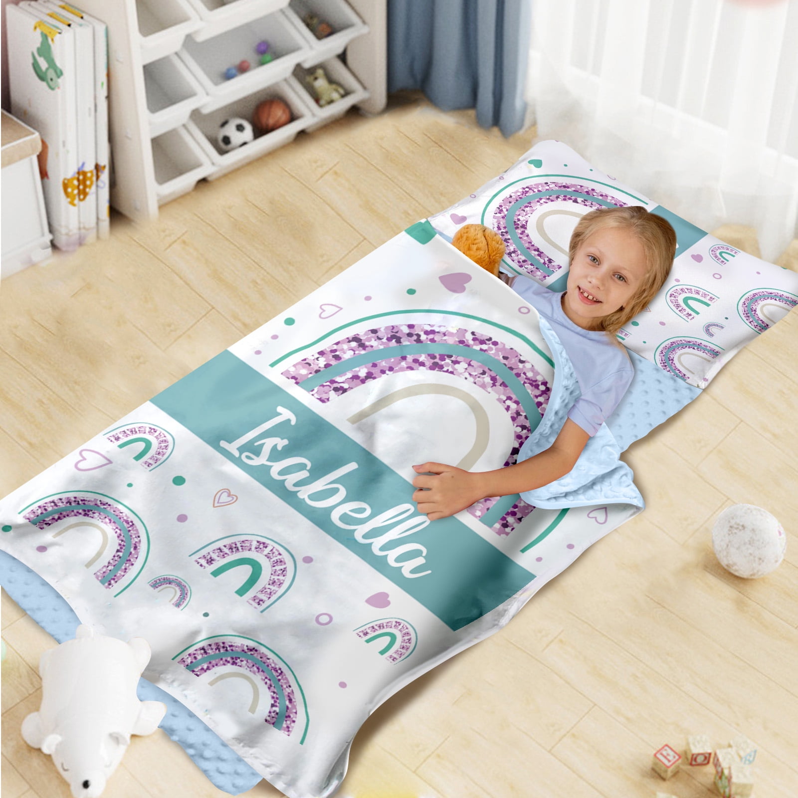 AOLOA Personalized Toddler Nap Mat, Custom Name Kids Sleeping Mat for Daycare Preschool Kindergarten, Blue Rainbow Boys Girls Sleep Bag with Pillow Blanket Set, Portable Nap Sack for Infant Child