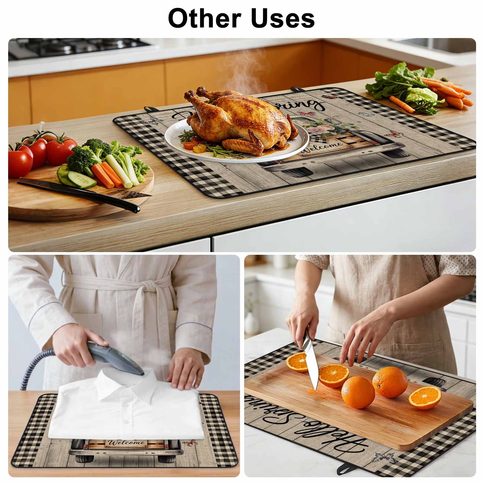 Farmhouse Flower Stove Top Cover for Electric Stove, Heat-proof & Non Slip Glass Top Stove Cover Protector, Spring Vintage Truck Black Plaid Wood Grain Kitchen Flat Cooktop Rubber Mat 24x21 Inches