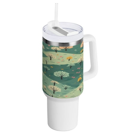 

40 Oz Car Handle Water Bottle 10.8x3.85 Inch Handle And Straw Travel Water Bottle Reusable Stainless Steel Water Bottle Cute Green Cartoon Hill