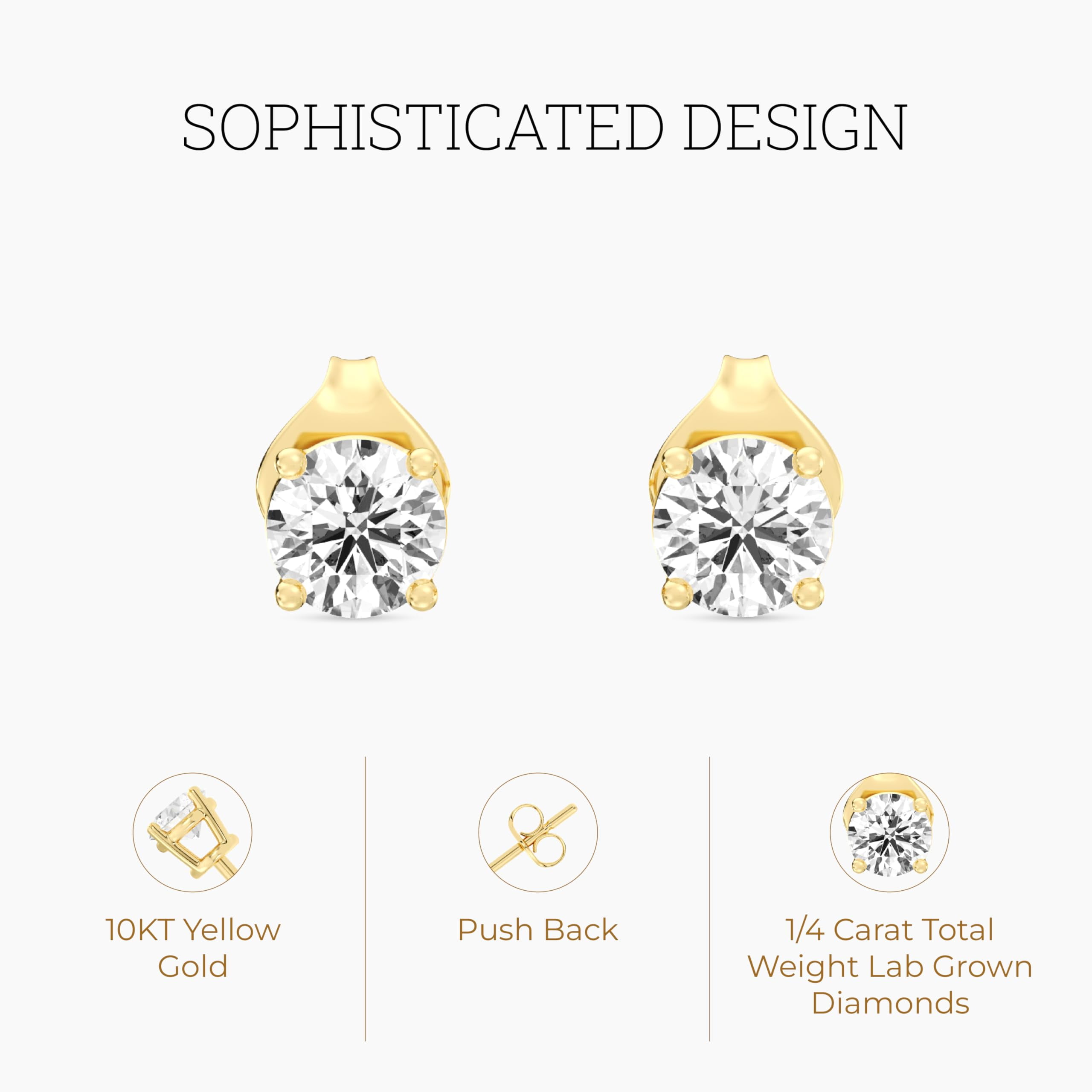 Gilded 1/4 CTW Lab-Grown Diamond 10KT Yellow Gold Stud Earrings for Women, Round Cut, Hypoallergenic Fine Gold Jewelry - SI1 Clarity F Color