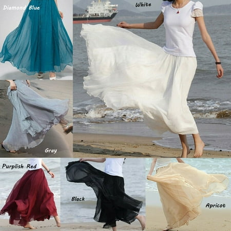 - Fashion Women Chiffon Long Skirts Lady Summer Boho Beach Skirts Women Ankle-Length Solid Swing Skirts Women Plain Beach Clothing