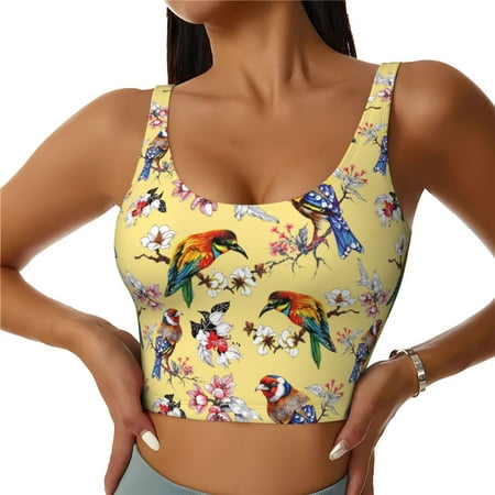 Jgfou Beautiful Bright Birds And Flowers Print Womens Sports Bra - Padded Workout Sports Bras Crop Tank Top