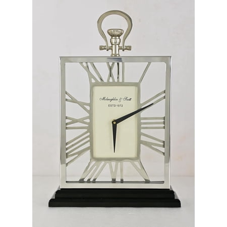 Luxury Chrome Roman Numeral Table Clock – Modern Metal Skeleton Mantel Clock with Black Base – Elegant Decorative Desk Clock for Living Room Office & Home Décor (Chrome)