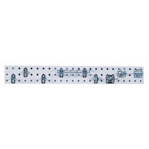 Tool Pegboard Kit with 1 36 x 4.5 in. 18 Gauge Steel Square Hole Pegboard & 8 Piece Loc Hook Assortment, White