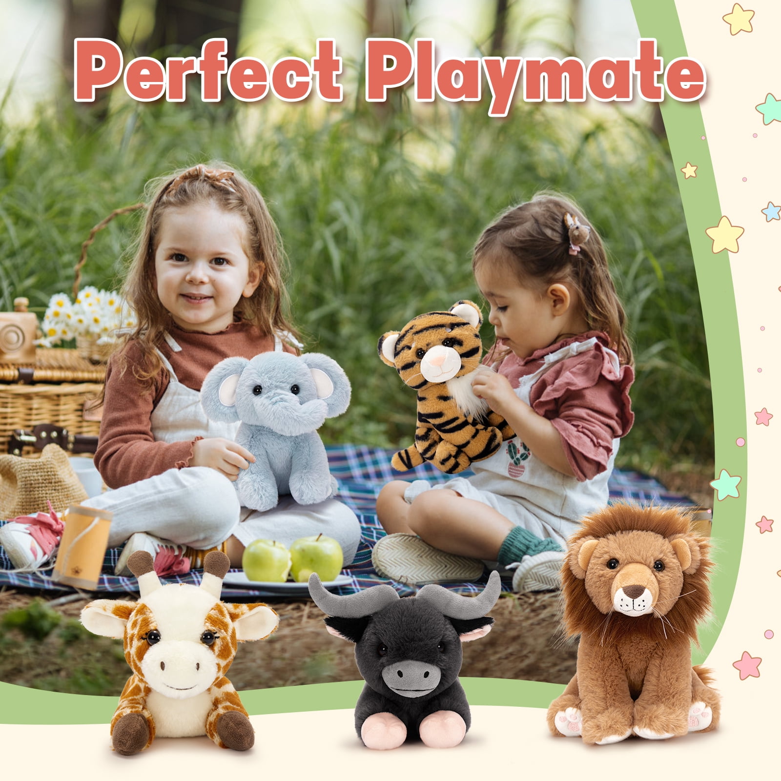 Muiteiur 5 Pieces Safari Stuffed Animals Jungle Animals Set Plush Toy(Giraffe/Tiger/Lion/Elephant/Cow)