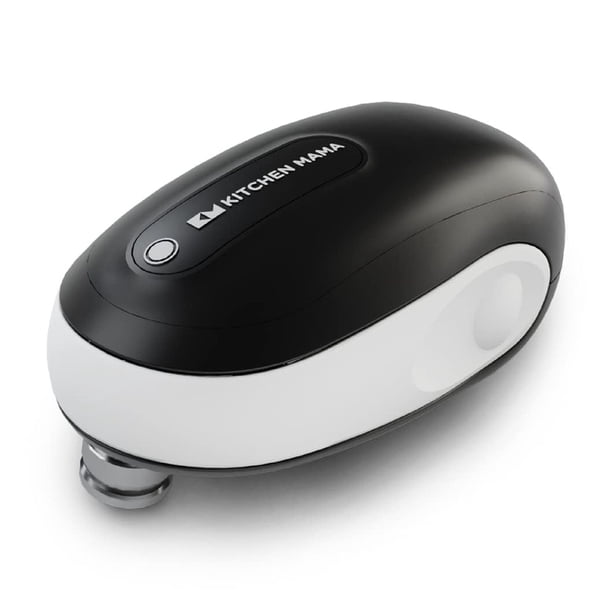 Kitchen Mama One-To-Go - Abrelatas eléctrico: operación con un solo toque, detección automática de formas de lata, parada automática, borde liso, elevación de tapa, funciona con pilas (blanco)